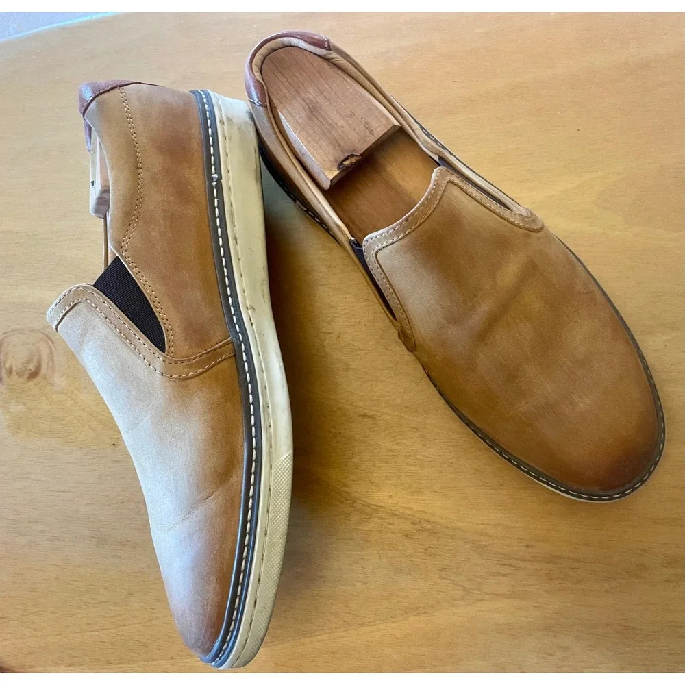Johnston & Murphy McGuffey 10.5M Tan Oiled Leather Slip-On Sheepskin Shoes